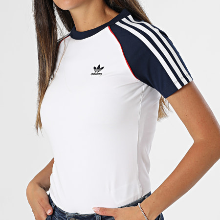 Adidas Originals - Tee Shirt Femme A Bandes 3 Stripes JV7190 Blanc Bleu Marine