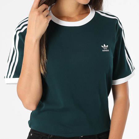 Adidas Originals - Tee Shirt Femme A Bandes 3 Stripes JY4855 Vert Foncé Blanc