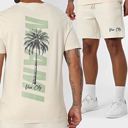 Luxury Lovers - Miami Palm Beige Green Khaki Tee Shirt And Jogging Shorts Set