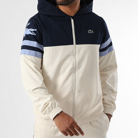 Lacoste - Veste Zippée Capuche Logo Brodé Crocodile Beige Clair Bleu Marine Bleu Clair
