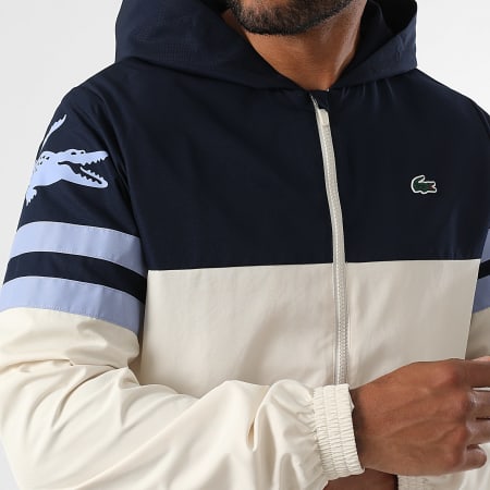 Lacoste - Veste Zippée Capuche Logo Brodé Crocodile Beige Clair Bleu Marine Bleu Clair
