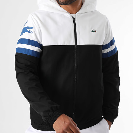 Lacoste - Negro Blanco Azul Real Cocodrilo Logo Chaqueta con capucha y cremallera