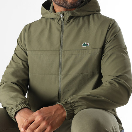 Lacoste - Chaqueta con capucha y cremallera y logotipo de cocodrilo verde caqui