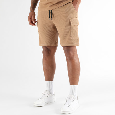 LBO - Ensemble Tee Shirt Large Et Short Cargo Texturé Waffle 2070 Camel