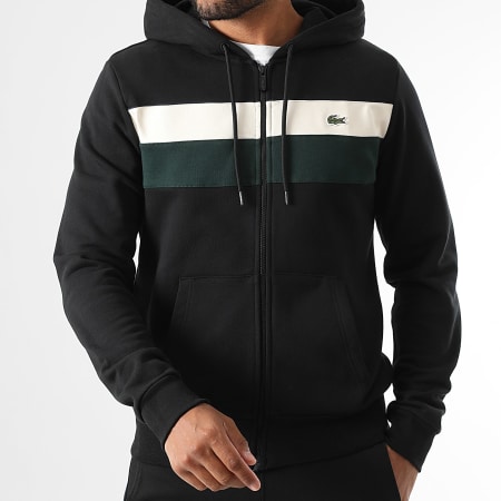 Lacoste - Sweat Zippé Capuche Logo Brodé Crocodile Noir Vert Beige