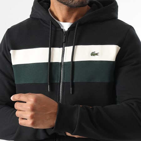 Lacoste - Sweat Zippé Capuche Logo Brodé Crocodile Noir Vert Beige