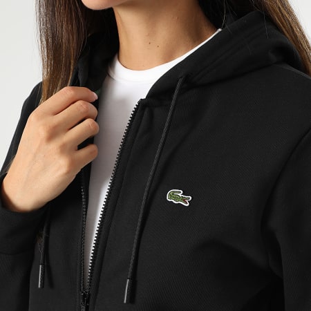 Lacoste - Sweat Capuche Zippé Femme Relaxed Fit Logo Brodé Crocodile Noir