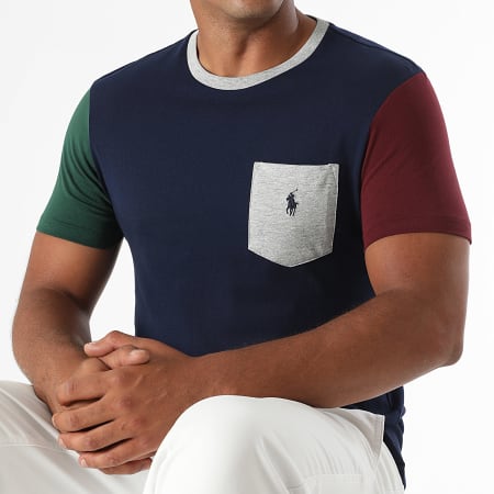 Polo Ralph Lauren - Tee Shirt Poche Custom Slim Fit Original Player Bleu Marine Bordeaux Vert