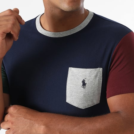 Polo Ralph Lauren - Tee Shirt Poche Custom Slim Fit Original Player Bleu Marine Bordeaux Vert