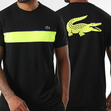 Lacoste - Tee Shirt Regular Fit Logo Crocodile Noir Jaune Fluo