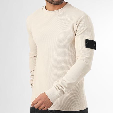 LBO - Pull Col Rond Waffle Avec Patch 3823 Beige Clair
