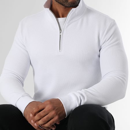 LBO - Sweat Col Demi Zip Waffle 3931 Blanc