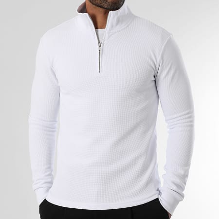 LBO - Sweat Col Demi Zip Waffle 3931 Blanc