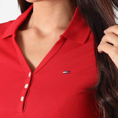 Tommy Jeans - Robe Polo Manches Courtes Col V Femme Rib 1172 Rouge