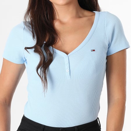 Tommy Jeans - Tee Shirt Col V Boutonné Femme Henley Waffle 0902 Bleu Clair