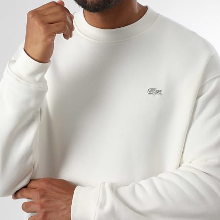 Lacoste - Sweat Crewneck Loose Fit Logo Brodé Crocodile Ton Sur Ton Beige Clair