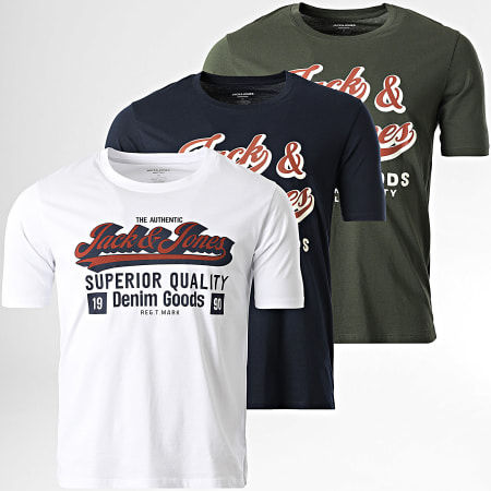 Jack And Jones - Lote de 3 Blanco Azul Marino Verde Caqui Logo Camisetas