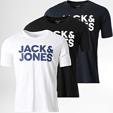 Jack And Jones - Lot De 3 Tee Shirts Corp Blanc Noir Bleu Marine