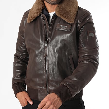 Redskins - Veste Cuir Col Fourrure Commander Striking Marron