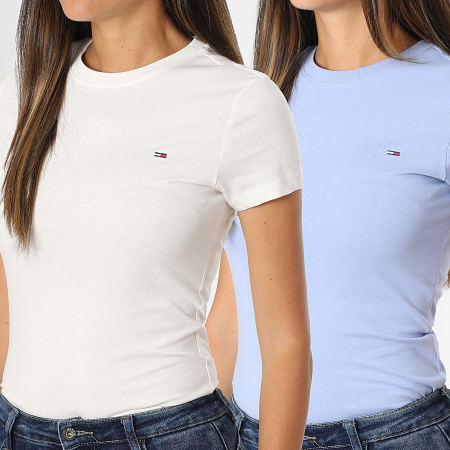 Tommy Jeans - Lot De 2 Tee Shirts Slim Femme 1366 Blanc Bleu Clair