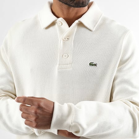 Lacoste - Pull Col Boutonné Logo Brodé Crocodile Beige Clair