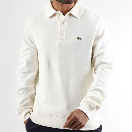 Lacoste - Pull Col Boutonné Logo Brodé Crocodile Beige Clair