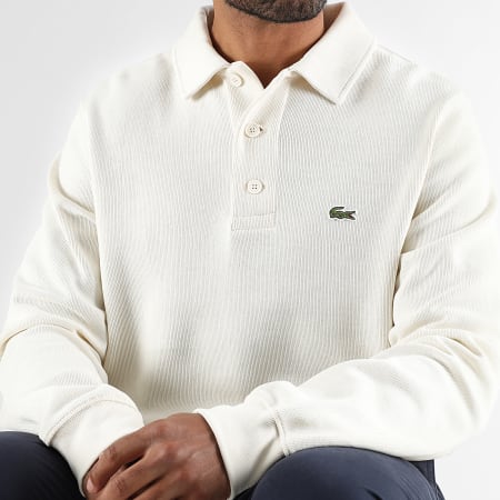 Lacoste - Pull Col Boutonné Logo Brodé Crocodile Beige Clair