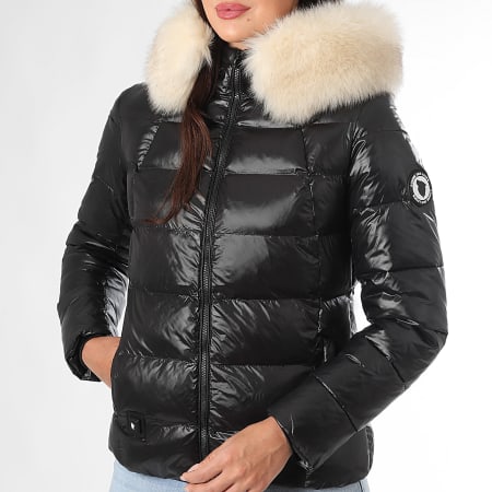 Comme Des Loups - Edredón con capucha de piel calefactada Budapest Negro Blanco Mujer