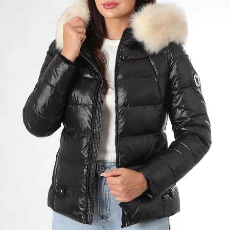 Comme Des Loups - Edredón con capucha de piel calefactada Budapest Negro Blanco Mujer