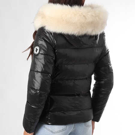 Comme Des Loups - Edredón con capucha de piel calefactada Budapest Negro Blanco Mujer