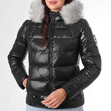 Comme Des Loups - Chaqueta de pluma con capucha de piel calefactada Budapest Negro Gris Mujer