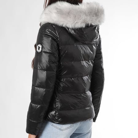 Comme Des Loups - Chaqueta de pluma con capucha de piel calefactada Budapest Negro Gris Mujer