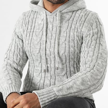 LBO - Pull A Capuche Mailles Torsadées 0664 Gris Chiné