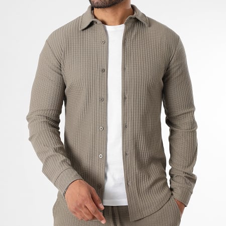 LBO - Long Sleeve Shirt And Wide Leg Trouser Set Textured 3969 Brown