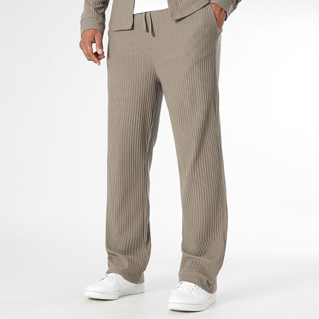 LBO - Long Sleeve Shirt And Wide Leg Trouser Set Textured 3969 Brown