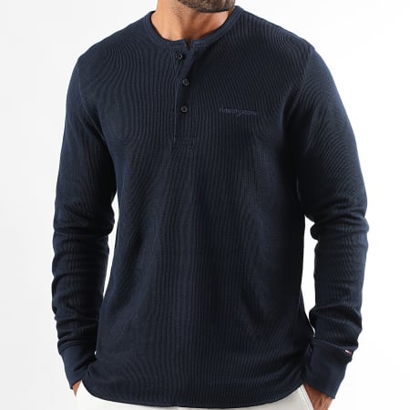 Tommy Jeans - Tee Shirt Manches Longues Slim Waffle Script Henley 1812 Bleu Marine