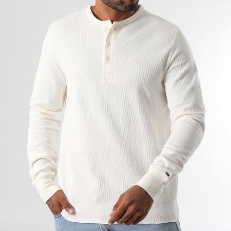 Tommy Jeans - Tee Shirt Manches Longues Slim Waffle Script Henley 1812 Beige Clair