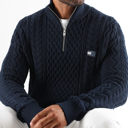 Tommy Jeans - Slim Zip Neck Cable Badge Sweater 2103 marineblauw