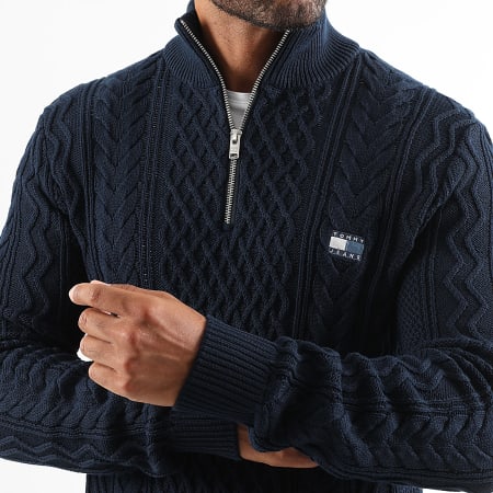 Tommy Jeans - Slim Zip Neck Cable Badge Sweater 2103 marineblauw