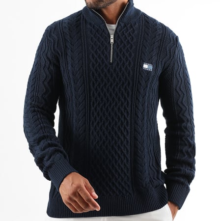 Tommy Jeans - Slim Zip Neck Cable Badge Sweater 2103 marineblauw