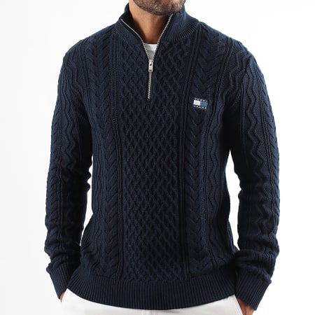 Tommy Jeans - Slim Zip Neck Cable Badge Sweater 2103 marineblauw