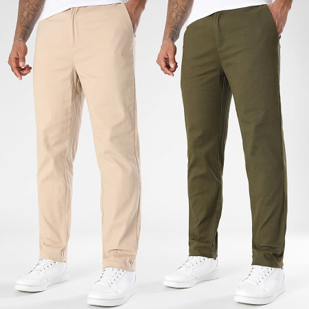 LBO - Lot De 2 Pantalons Chino 2278 Vert Kaki Beige