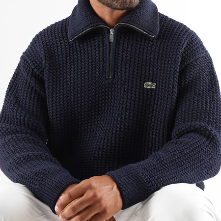 Lacoste - Pull Col Zippé Logo Brodé Crocodile Bleu Marine