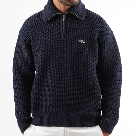 Lacoste - Pull Col Zippé Logo Brodé Crocodile Bleu Marine