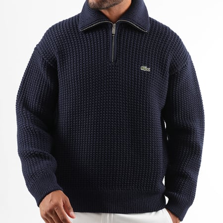 Lacoste - Pull Col Zippé Logo Brodé Crocodile Bleu Marine