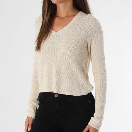 Vero Moda - Pull Col V Côtelé Femme Newlex Beige