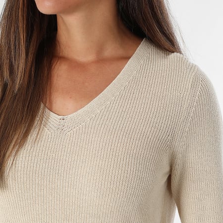 Vero Moda - Pull Col V Côtelé Femme Newlex Beige