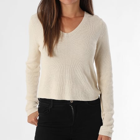 Vero Moda - Pull Col V Côtelé Femme Newlex Beige