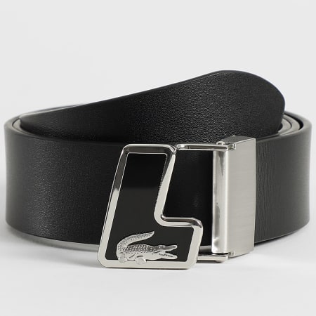 Lacoste - Cinturón Cocodrilo Logo Metal Negro Plata