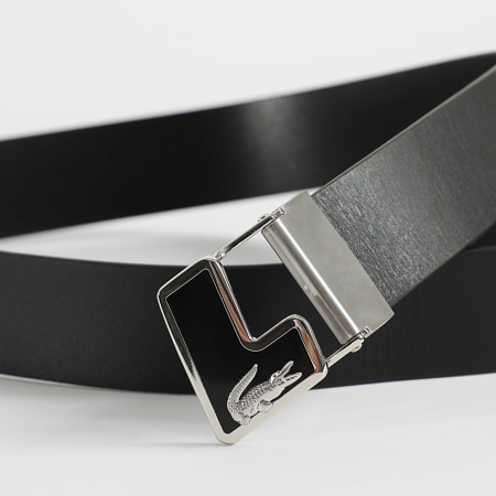 Lacoste - Cinturón Cocodrilo Logo Metal Negro Plata